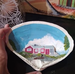 Hand painted, beach scene diorama, inside sea shell